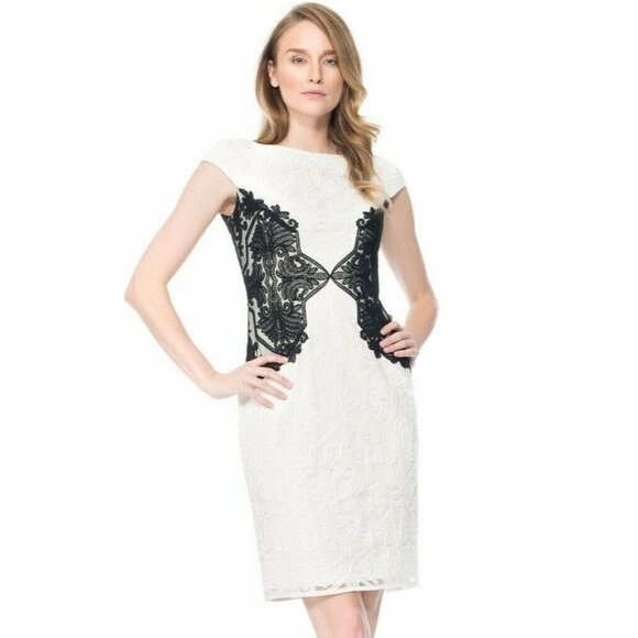 Tadashi Shoji White Black Embroidered Tulle Lace Dress $368 - Picture 1 of 14
